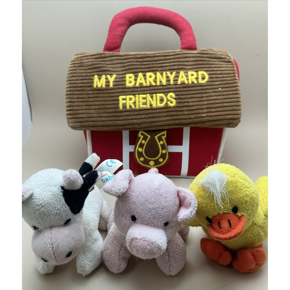 Vtg Aurora Baby My Barnyard Friends Plush Barn Carrier 3 Animals Pig Cow Duck